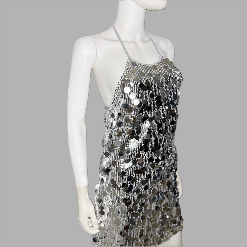 Know One Cares Silver Sequin Halter Neck Mini Dress - Picture 2 of 5